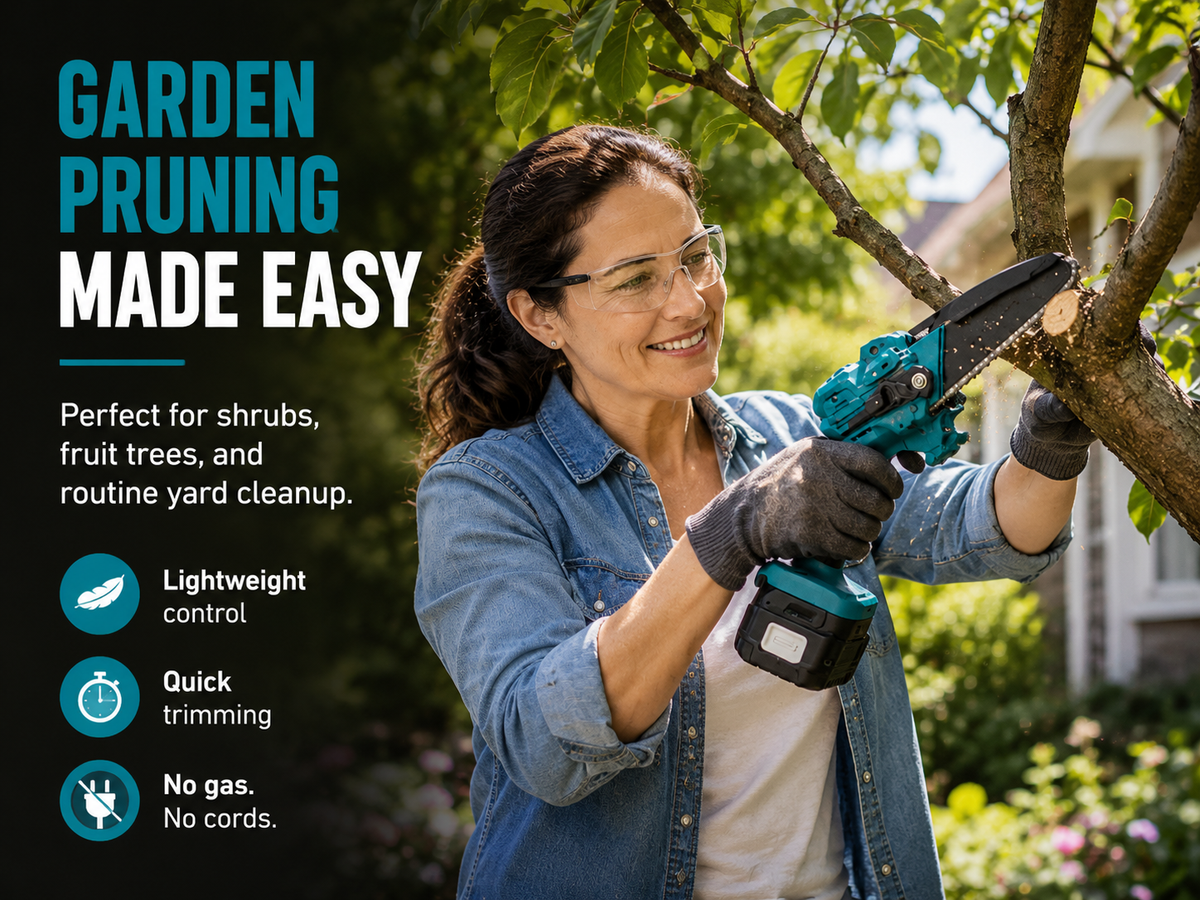 Pruning a fruit tree with the lightweight Standby 6 inch cordless mini chainsaw, no gas and no cords