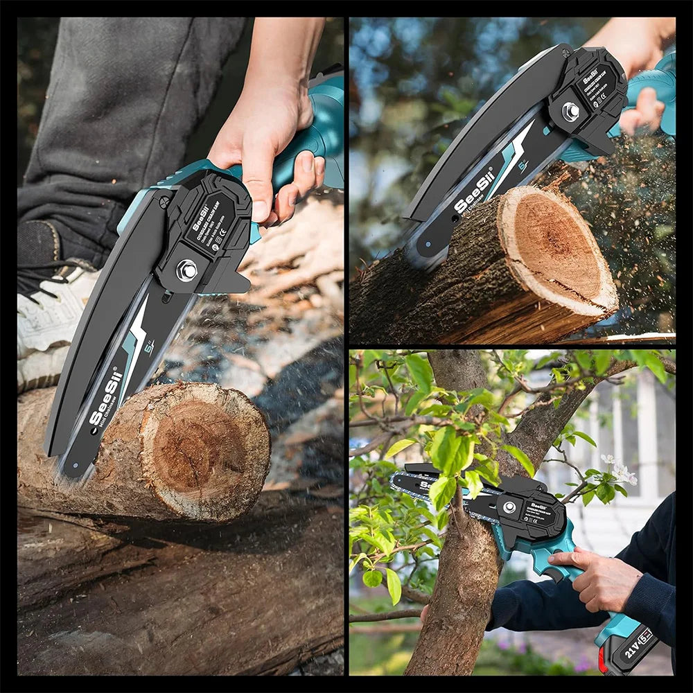 Cordless mini chainsaw safety features and chain tensioning detail