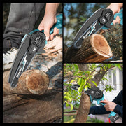 Cordless mini chainsaw safety features and chain tensioning detail