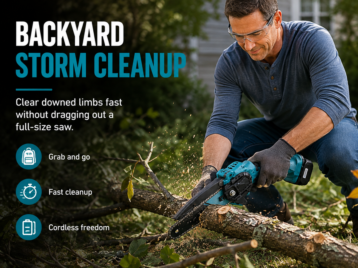 Clearing storm downed limbs in a backyard with the Standby 6 inch cordless chainsaw