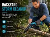 Clearing storm downed limbs in a backyard with the Standby 6 inch cordless chainsaw