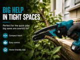 Standby 6 inch mini chainsaw cutting a branch in a tight space beside a house