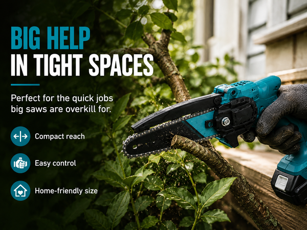 Standby 6 inch mini chainsaw cutting a branch in a tight space beside a house