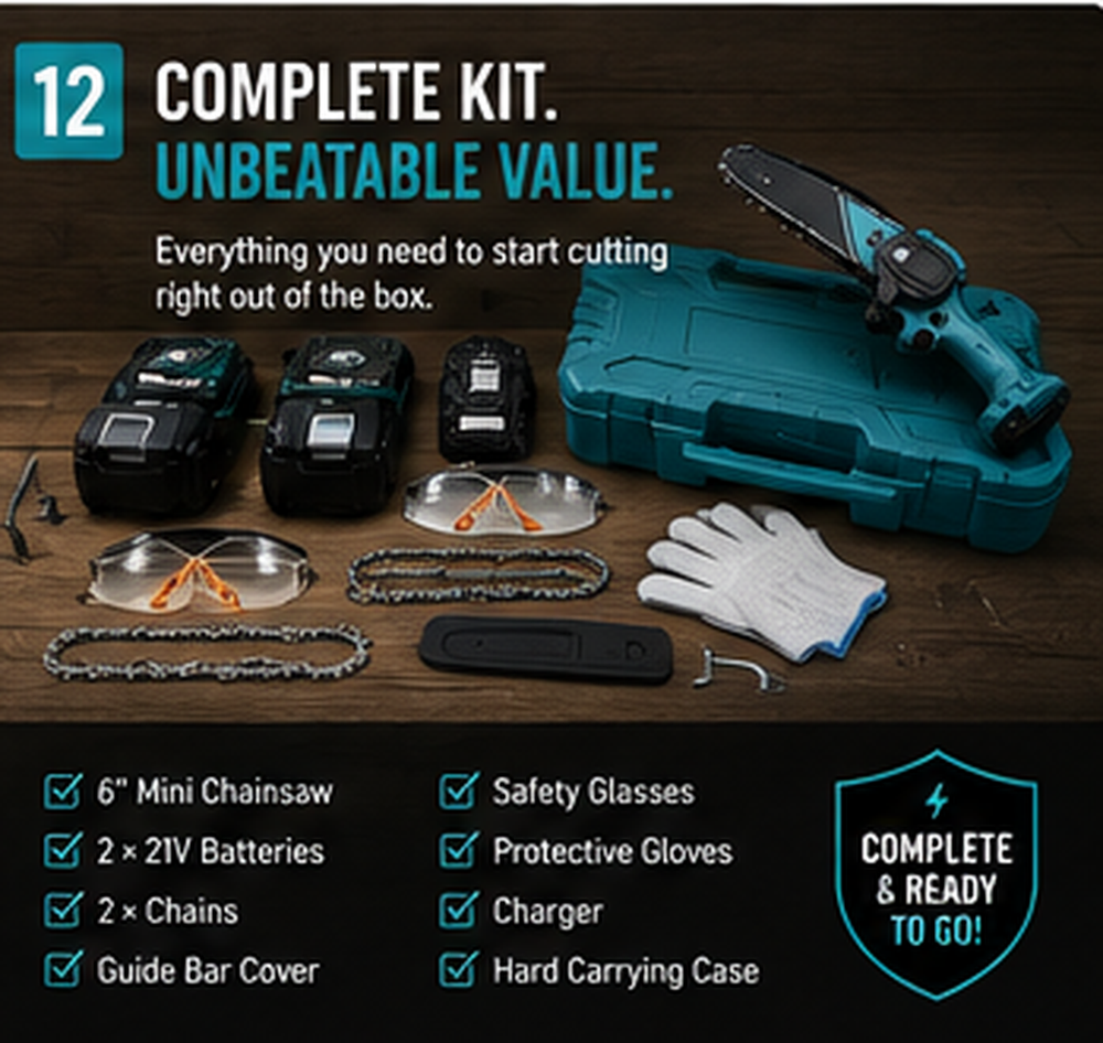 Standby mini chainsaw complete kit: 6 inch saw, two 21V batteries, two spare chains, charger, guide bar cover, gloves, safety glasses and hard carrying case