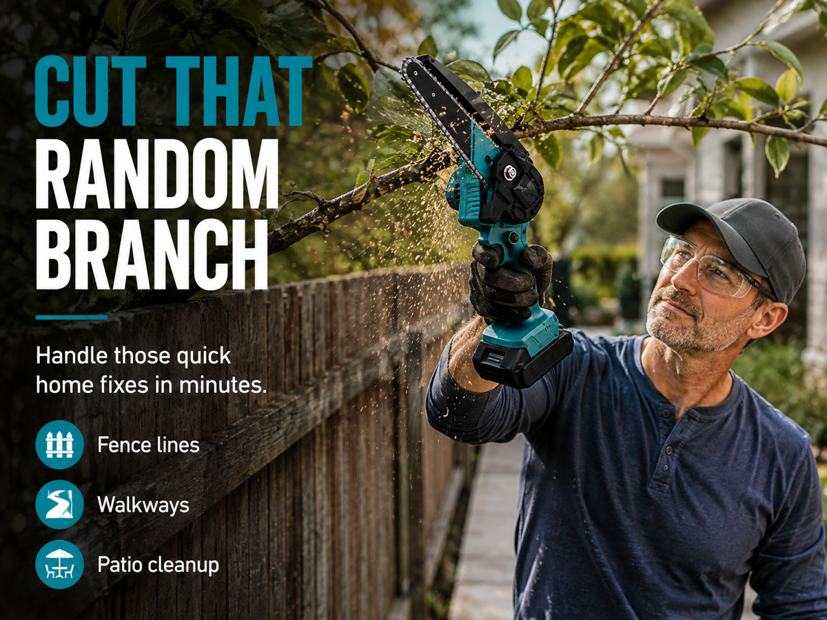Cutting an overhanging branch above a fence line with the Standby cordless mini chainsaw