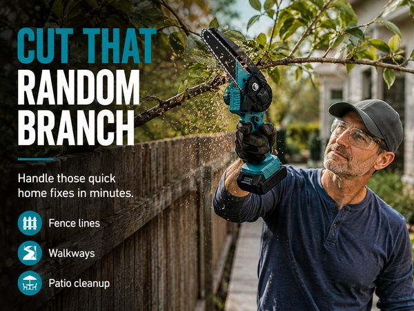 Cutting an overhanging branch above a fence line with the Standby cordless mini chainsaw