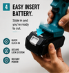 21V lithium battery clicking into the handle of the Standby cordless mini chainsaw