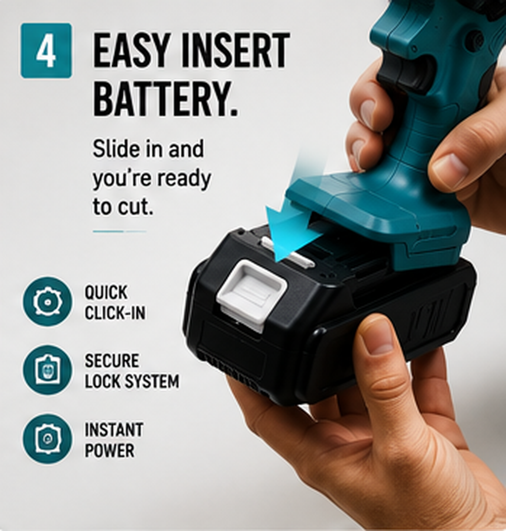 21V lithium battery clicking into the handle of the Standby cordless mini chainsaw