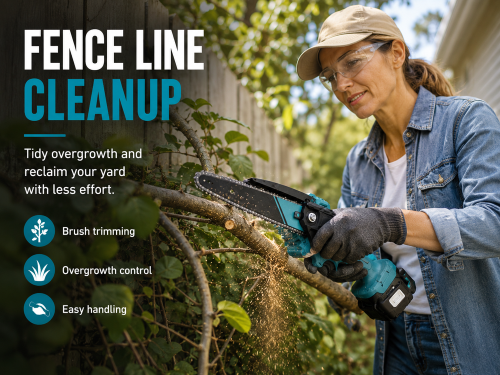 Trimming fence line overgrowth and brush with the Standby cordless mini chainsaw