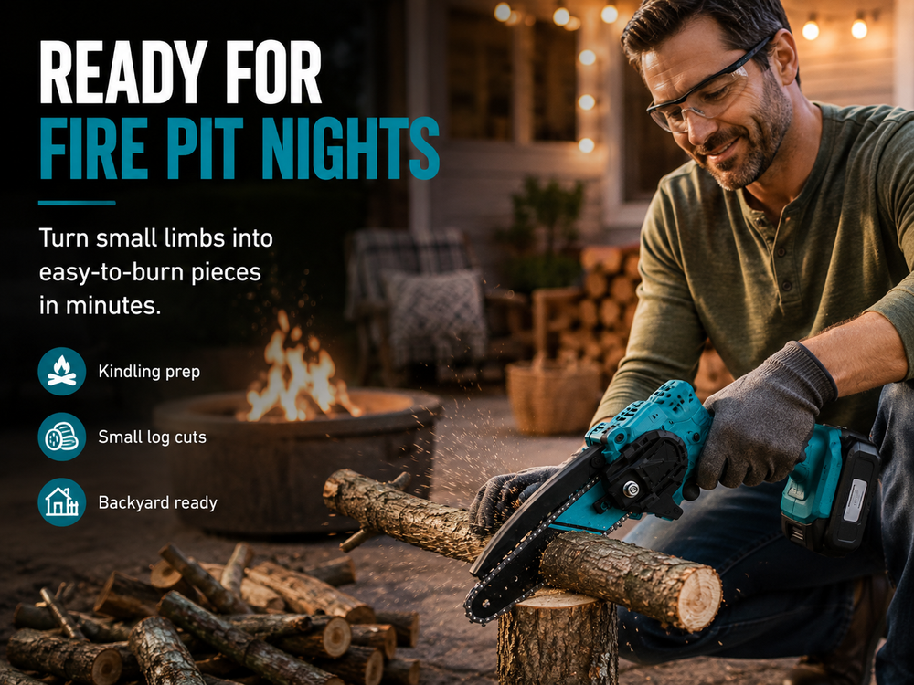 Cutting small logs into kindling for a backyard fire pit with the Standby mini chainsaw
