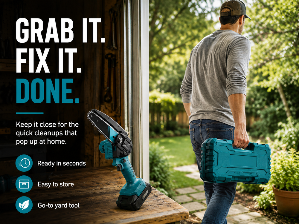 Standby mini chainsaw and hard case ready by the shed for quick home cleanups