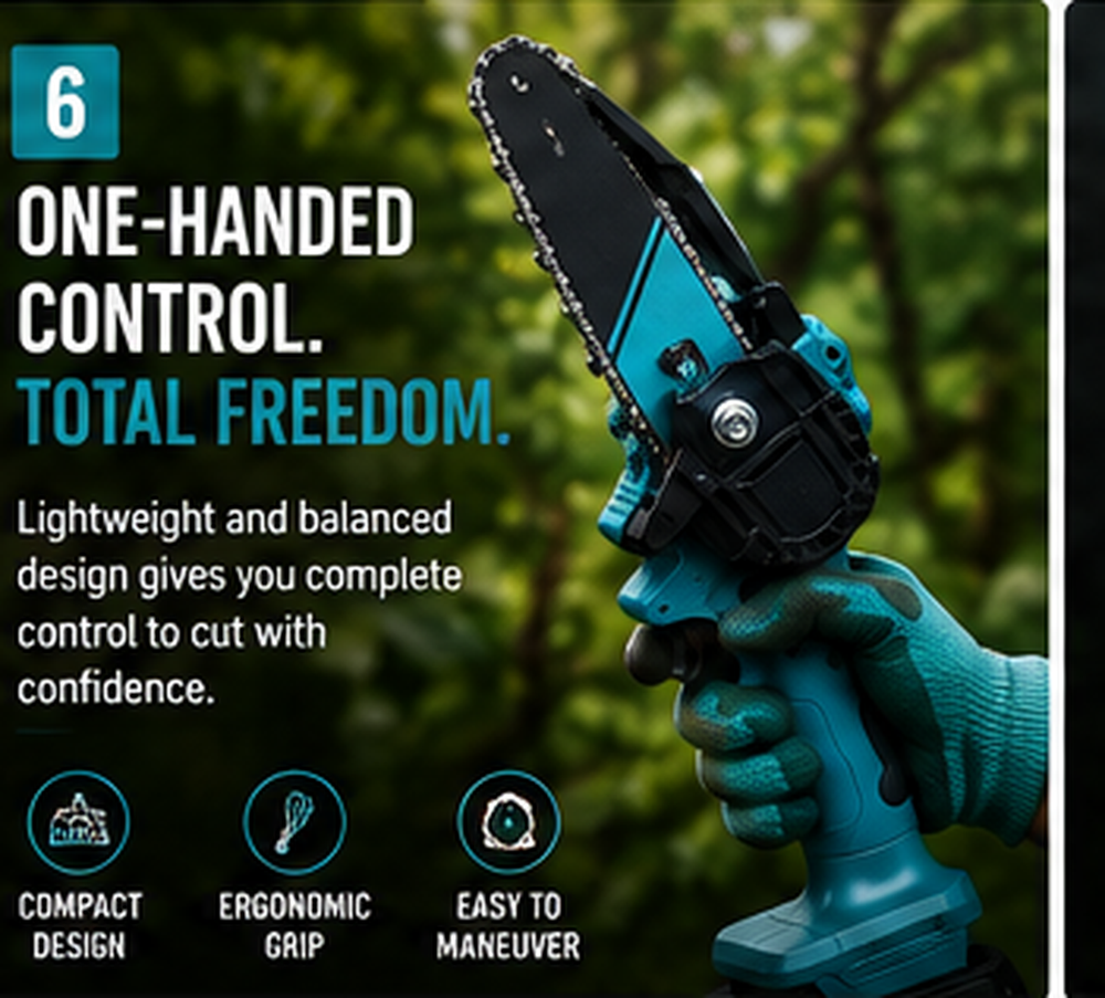 One handed control of the lightweight Standby cordless mini chainsaw while cutting a branch