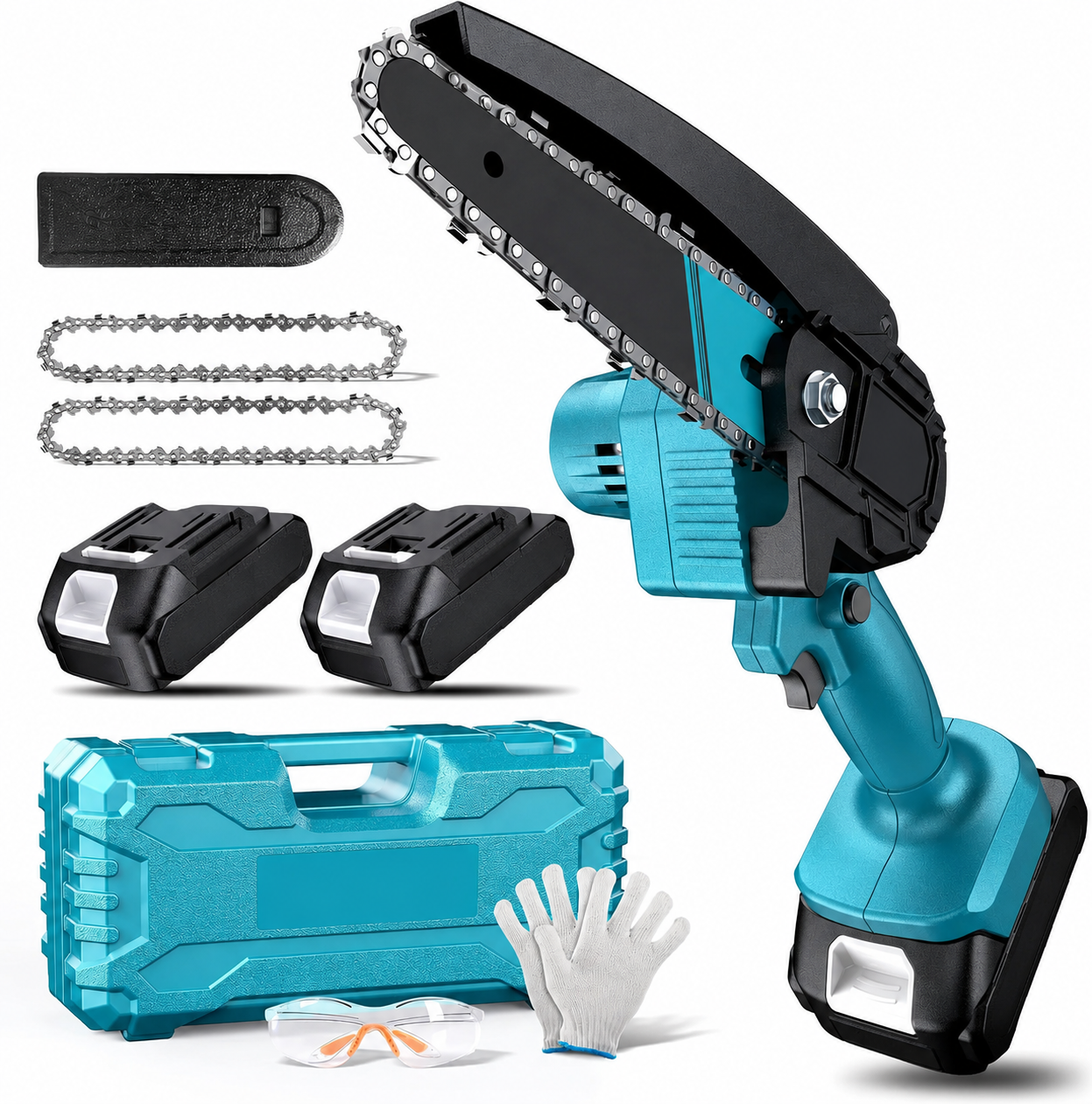 Standby cordless mini chainsaw complete kit: saw, two 21V batteries, two spare chains, bar cover, hard case, work gloves and safety glasses