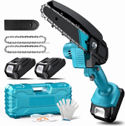 Standby cordless mini chainsaw complete kit: saw, two 21V batteries, two spare chains, bar cover, hard case, work gloves and safety glasses