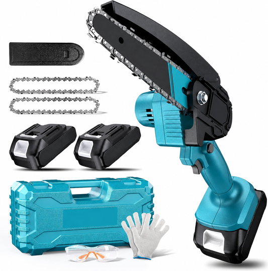 Standby cordless mini chainsaw complete kit: saw, two 21V batteries, two spare chains, bar cover, hard case, work gloves and safety glasses