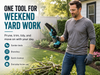 Homeowner holding the Standby 6 inch cordless mini chainsaw for weekend yard work in a backyard